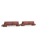 2 Wagons-trémies RENFE Faoos « SALTRA / CARFE », 4 essieux, chargés charbon, bruns, époques IV–V Arnold HN6671 – N 1/160