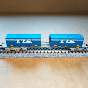 Wagon porte-conteneurs SNCF Novatrans Sgss 60’, conteneurs T.T.S. x2, gris, époque V Arnold HN6582 – N 1/160
