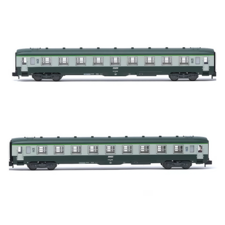 Voitures voyageurs SNCF DEV AO « B9 », livrée vert/gris logo encadré, ép. IV Arnold HN4448 – N 1/160