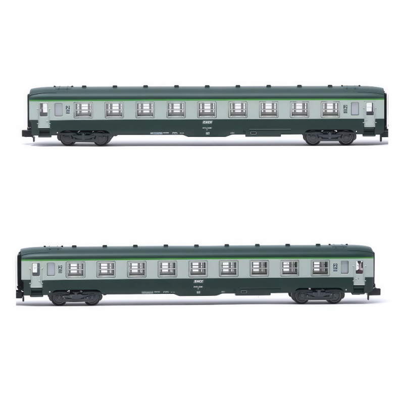 Voitures voyageurs SNCF DEV AO « B9 », livrée vert/gris logo encadré, ép. IV Arnold HN4448 – N 1/160