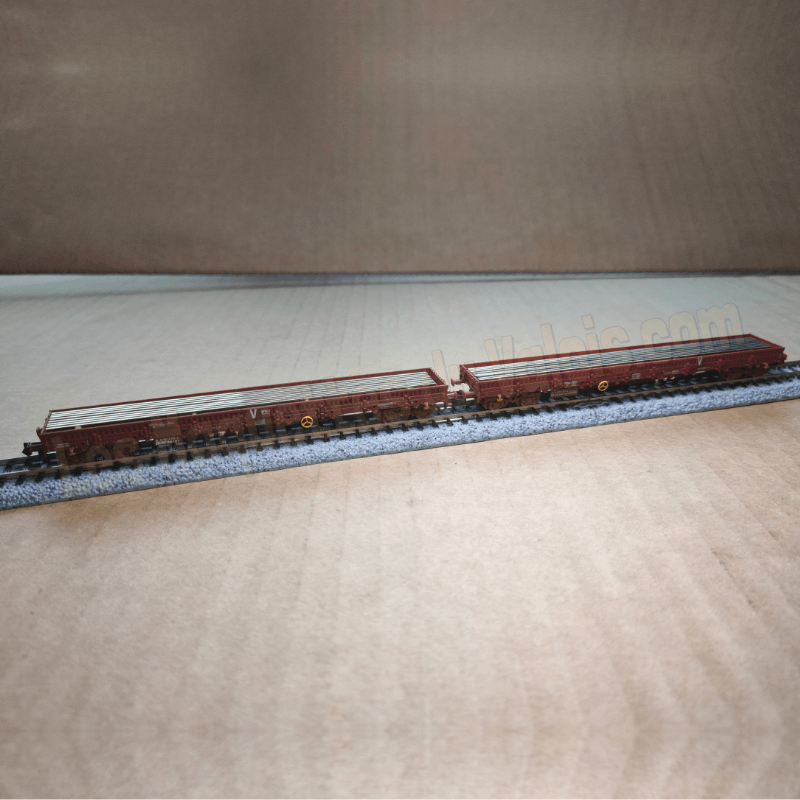 2 wagons plats « Uas » chargés de rails – Minitrix 18290 – N 1 :160 – SNCF (INFRA), époque VI