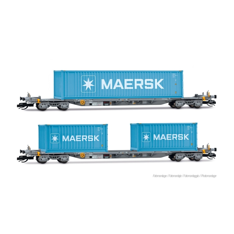 wagons porte-conteneurs à 4 essieux, livrée grise, 2 conteneurs de 20 pieds et 1 conteneur de 40 pieds « MAERSK » Arnold HN9765