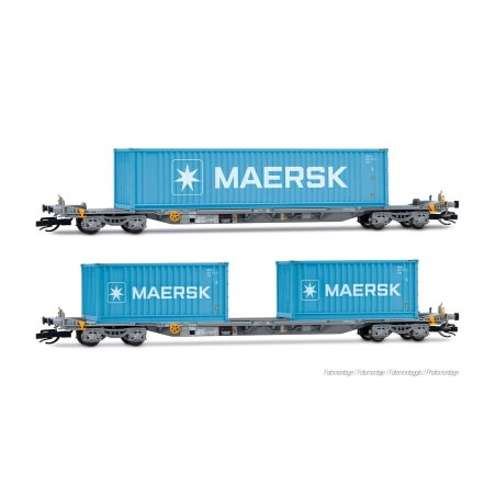 wagons porte-conteneurs à 4 essieux, livrée grise, 2 conteneurs de 20 pieds et 1 conteneur de 40 pieds « MAERSK » Arnold HN9765