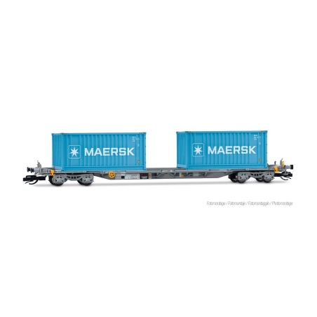 wagons porte-conteneurs à 4 essieux, livrée grise, 2 conteneurs de 20 pieds et 1 conteneur de 40 pieds « MAERSK » Arnold HN9765