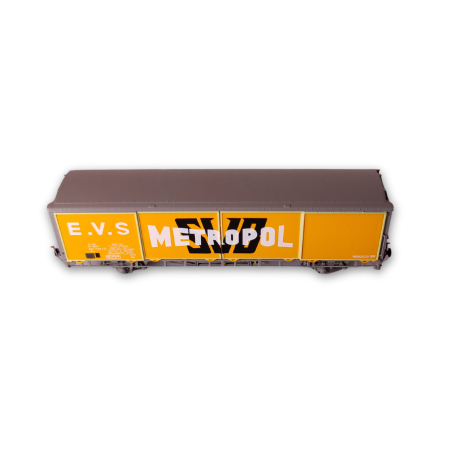 wagon SNCF jaune logo métropol blanc en vue de profile  de la marque trains160.